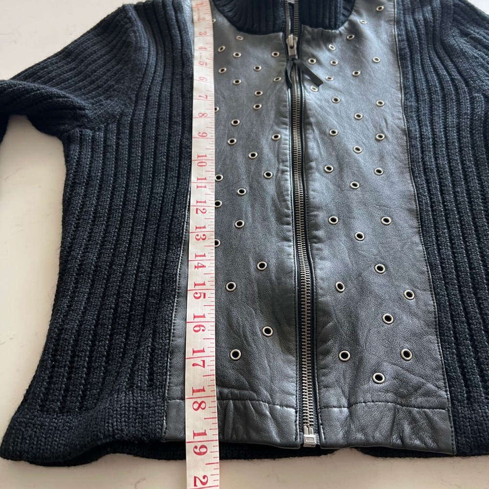 Lucidity Black Wool Blend Grommet Leather Front Zip Ribbed Cardigan Sweater M - Picture 7 of 7